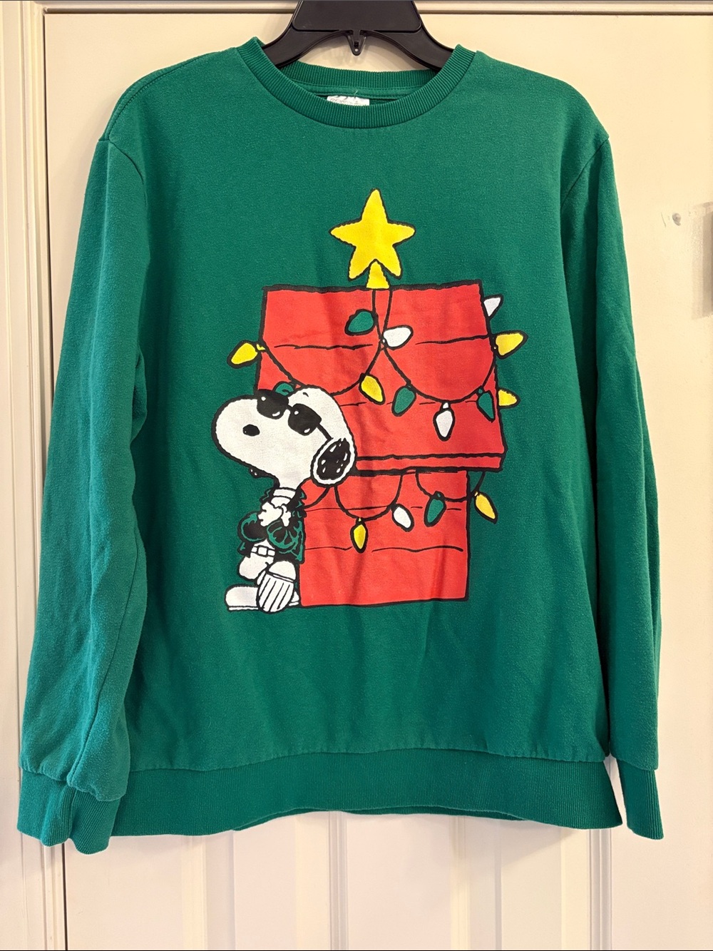 Peanuts Green Crewneck Sweatshirt with Snoopy & Red Doghouse